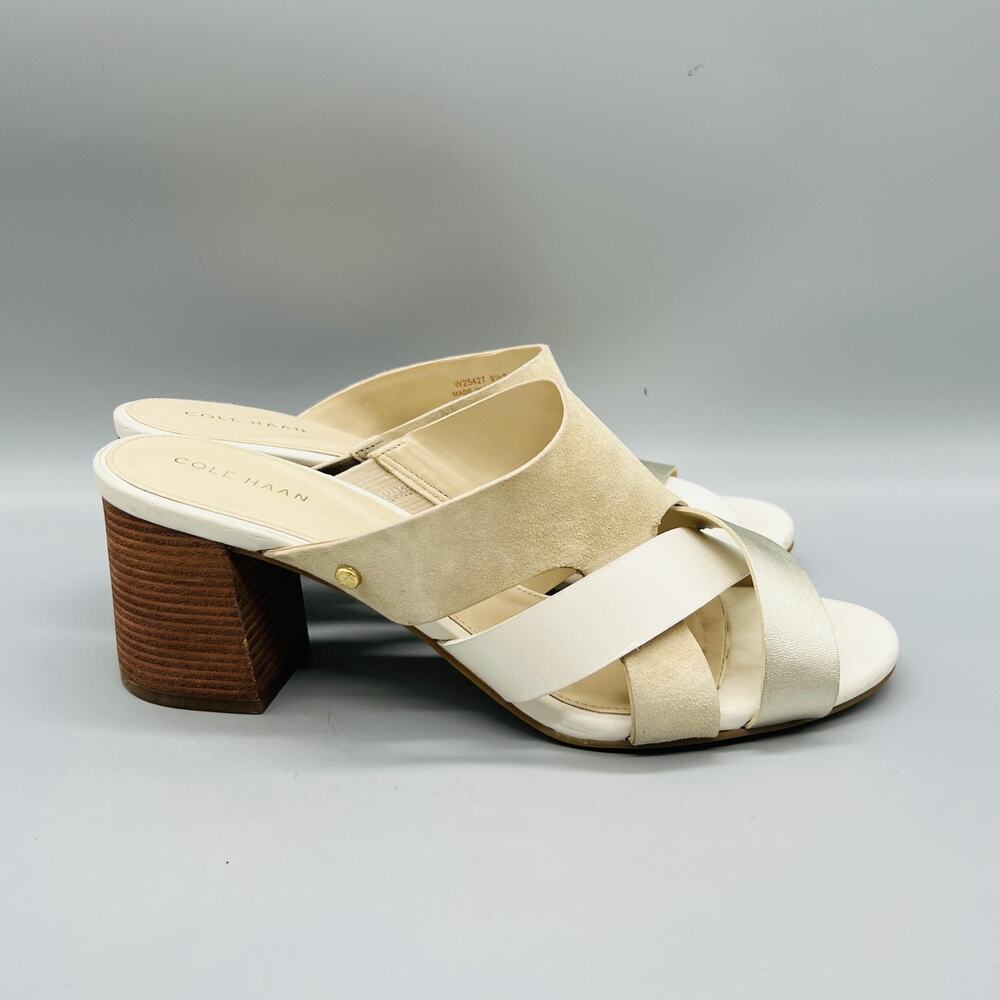 Cole Haan Sandals Womens 9.5 Beige Leather Suede Strappy Slide Block Heel Shoes